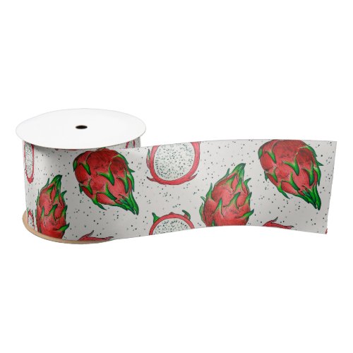 Red dragon fruit on off white satin ribbon