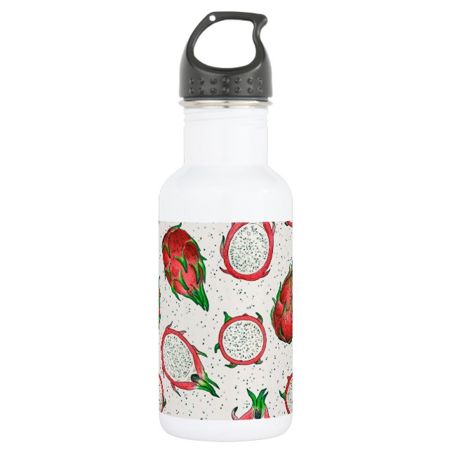Red dragon fruit on off white stainless steel water bottle (Front)