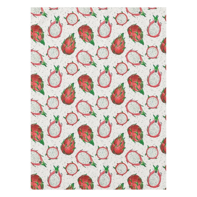 Red dragon fruit on off white tablecloth (Front)