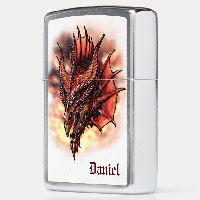Red Dragon Head Fire Custom Name Fantasy Zippo Lighter (Left)