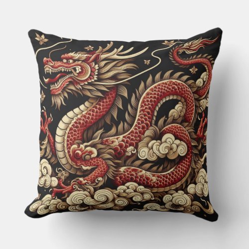 Red dragon in dark throw pillow