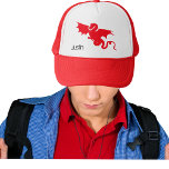 Red dragon name boy trucker hat<br><div class="desc">A red dragon icon on a white background.  Customize and add a name,  black colored rustic,  comics style fonts/letters</div>