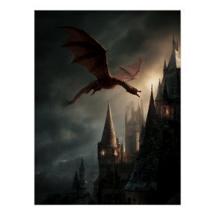 Red Dragon Over Gothic Castle Poster