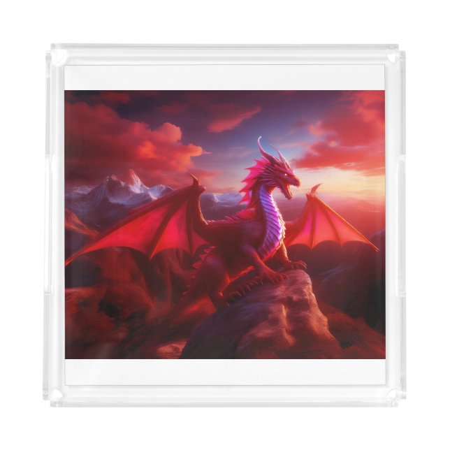 Red Dragon Perches On Craggy Mountain Peak Acrylic Tray (Front)