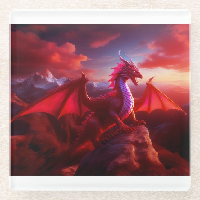 Red Dragon Perches On Craggy Mountain Peak Glass Coaster (Front)