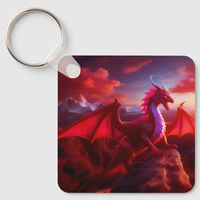 Red Dragon Perches On Craggy Mountain Peak Keychain (Front)