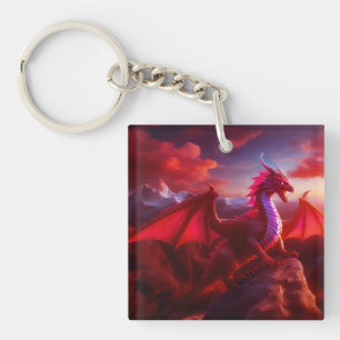 Red Dragon Perches On Craggy Mountain Peak Keychain