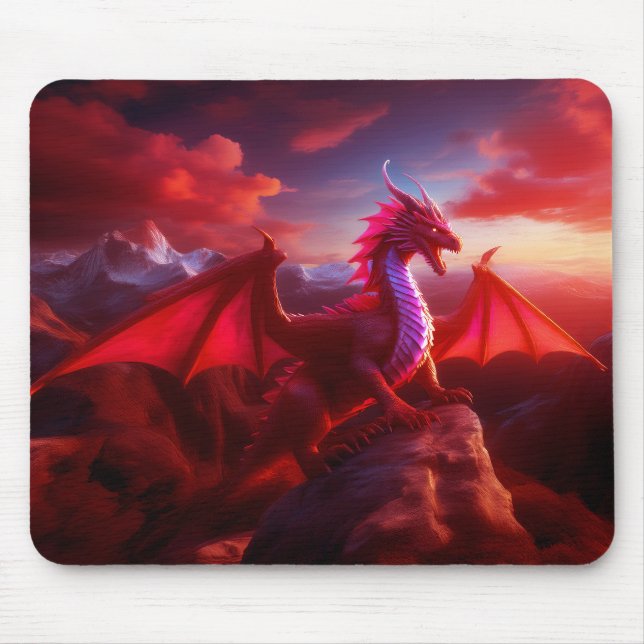 Red Dragon Perches On Craggy Mountain Peak Mouse Pad (Front)