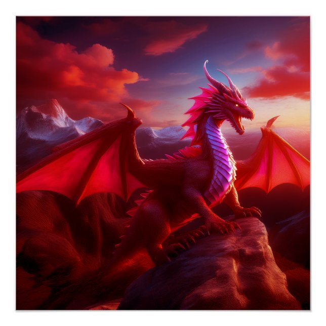 Red Dragon Perches On Craggy Mountain Peak Poster (Front)