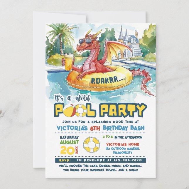 Red Dragon Pool Party Birthday Invitation (Front)