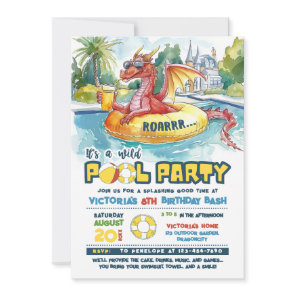Red Dragon Pool Party Birthday Invitation