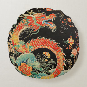 Red Dragon Round Throw Pillow