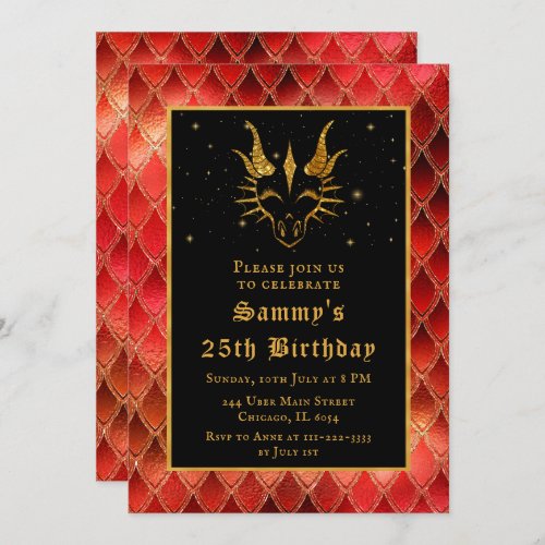 Red Dragon Scales Faux Glitter Birthday Invitation