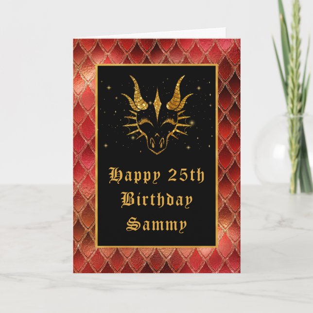 Red Dragon Scales Faux Glitter Happy Birthday Card (Front)