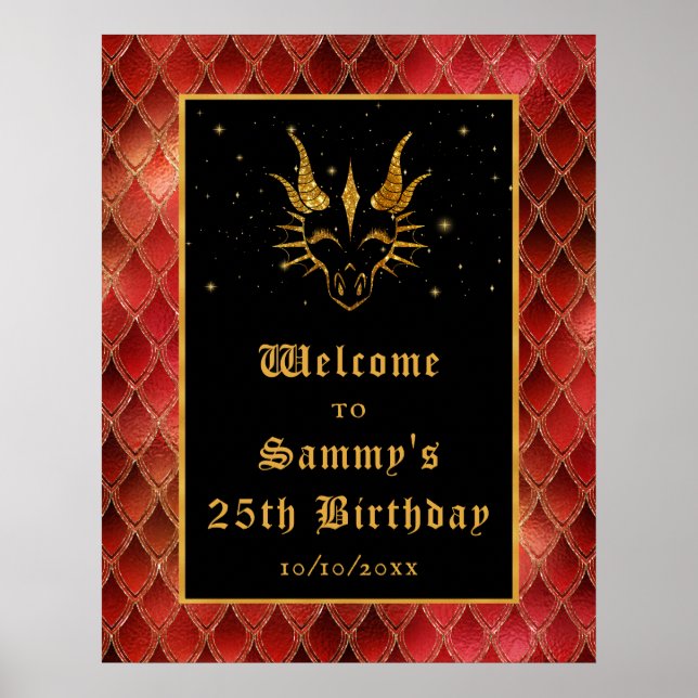 Red Dragon Scales Gold Birthday Party Welcome Poster (Front)