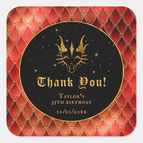 Red Dragon Scales Gold Birthday Thank You Square Sticker