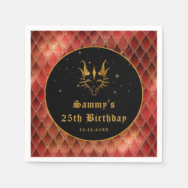 Red Dragon Scales Gold Faux Glitter Birthday Napkins (Front)