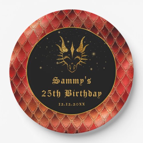 Red Dragon Scales Gold Faux Glitter Birthday Paper Plates