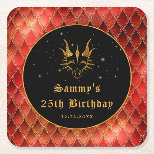 Red Dragon Scales Gold Faux Glitter Birthday Square Paper Coaster