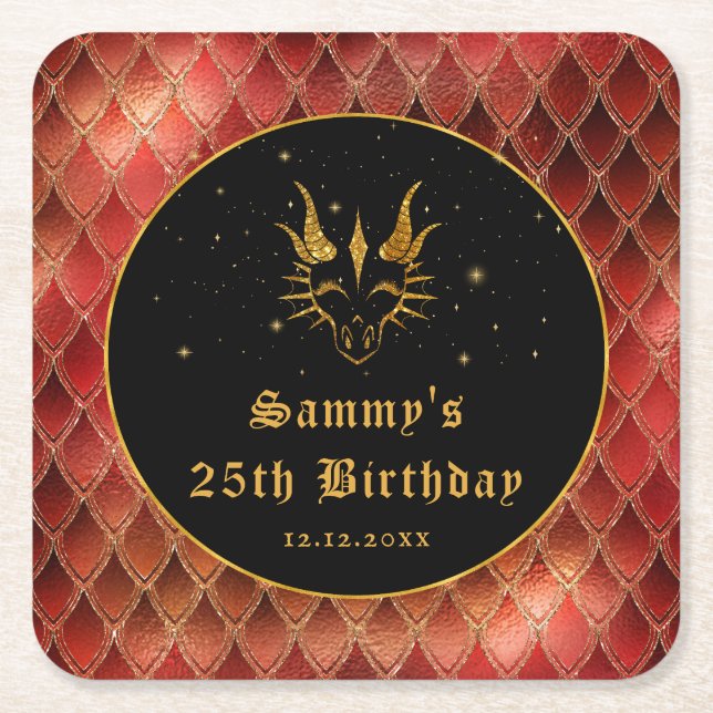 Red Dragon Scales Gold Faux Glitter Birthday Square Paper Coaster (Front)