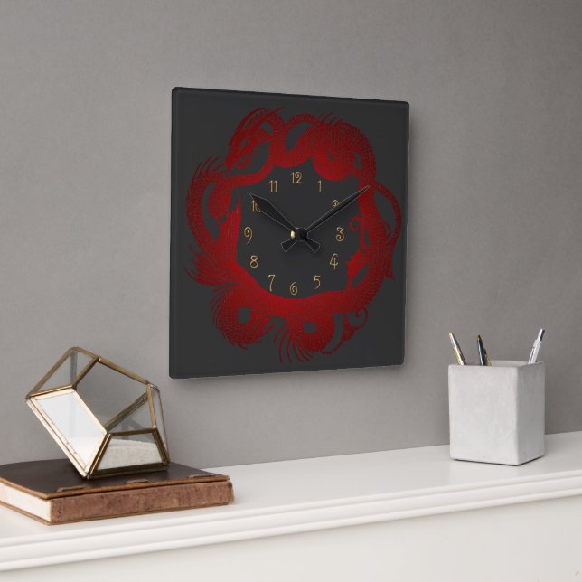 Red Dragon Square Wall Clock (Office)