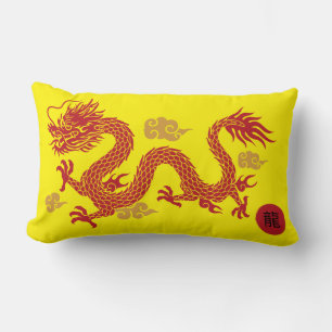 RED DRAGON WITH GOLD CLOUDS LUMBAR PILLOW