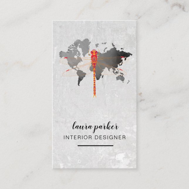 Red Dragonfly Creative Designer  World Map Business Card (Front)