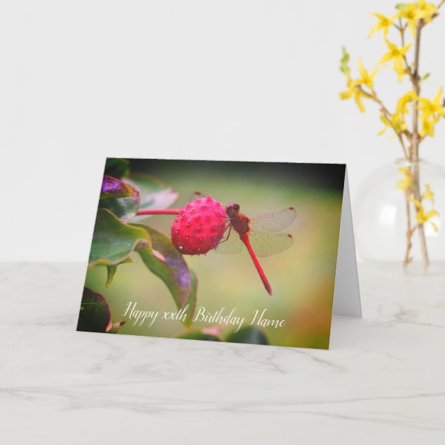 Red Dragonfly Nature Personalized Birthday  Card (Yellow Flower)
