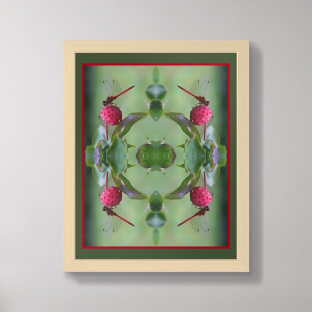 Red Dragonfly On Dogwood Fruit Abstract Framed Art (Framed Front)