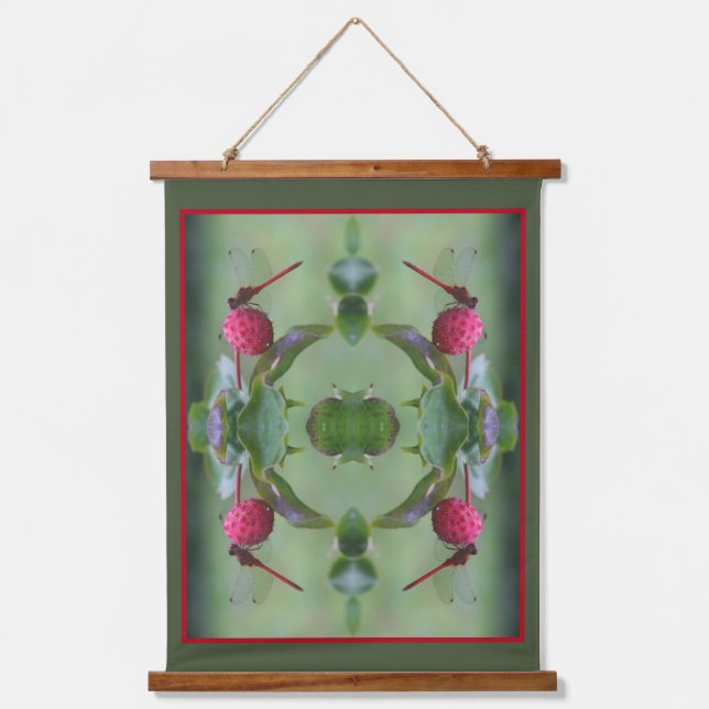 Red Dragonfly On Dogwood Fruit Abstract Hanging Tapestry (Front)