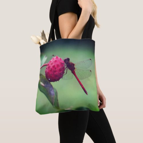 Red Dragonfly On Dogwood Fruit Close Up Tote Bag