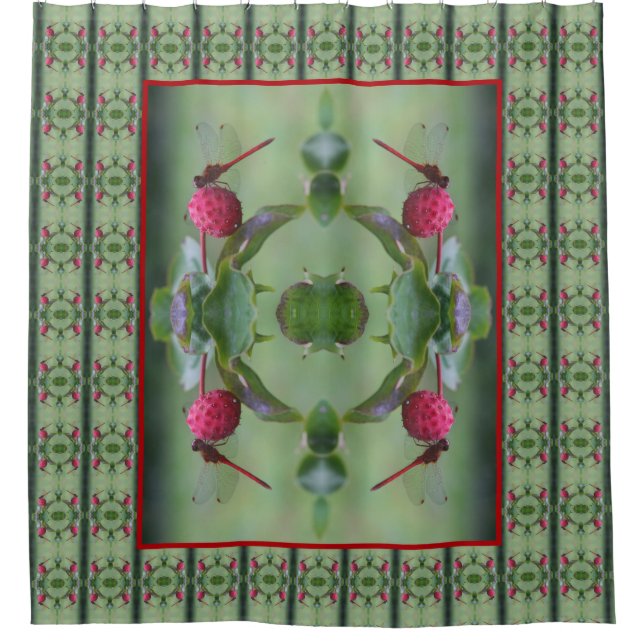 Red Dragonfly On Dogwood Fruit Nature Art Shower Curtain (Front)