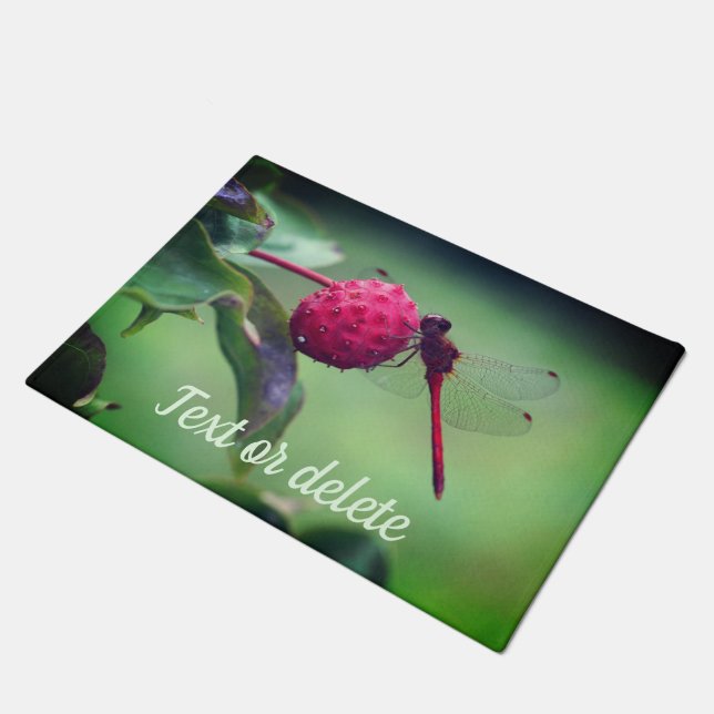 Red Dragonfly On Dogwood Fruit Personalized Doormat (Angled)