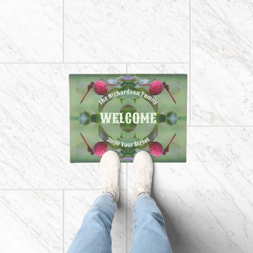 Red Dragonfly On Dogwood Fruit Personalized Doormat
