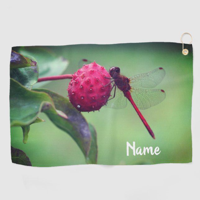 Red Dragonfly On Dogwood Fruit Personalized Golf Towel (Horizontal)