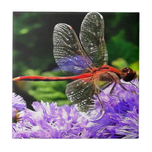 Red Dragonfly on Violet Purple Flowers Ceramic Tile