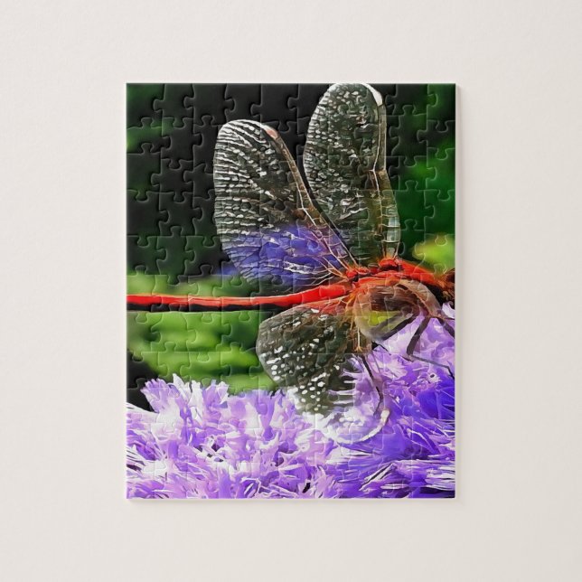 Red Dragonfly on Violet Purple Flowers Jigsaw Puzzle (Vertical)