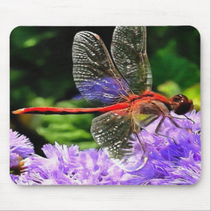 Red Dragonfly on Violet Purple Flowers Mouse Pad