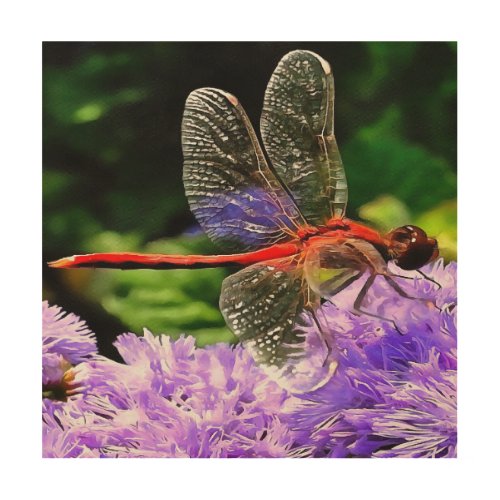 Red Dragonfly on Violet Purple Flowers Wood Wall Decor