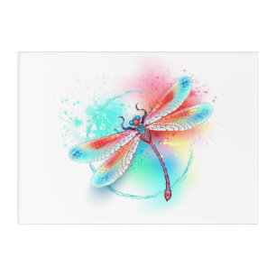 Red dragonfly on watercolor background acrylic print