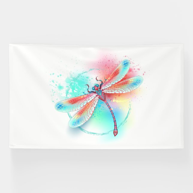Red dragonfly on watercolor background banner (Horizontal)
