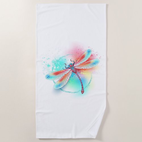 Red dragonfly on watercolor background beach towel