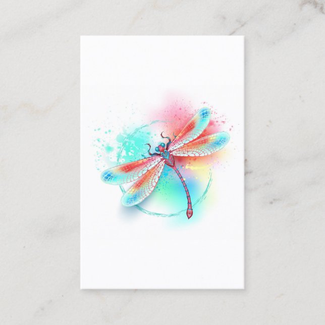 Red dragonfly on watercolor background business card (Front)