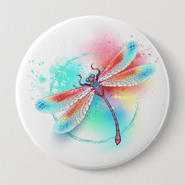Red dragonfly on watercolor background button (Front)