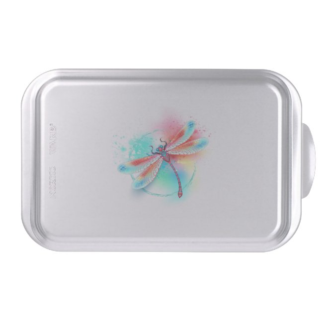 Red dragonfly on watercolor background cake pan (Front)