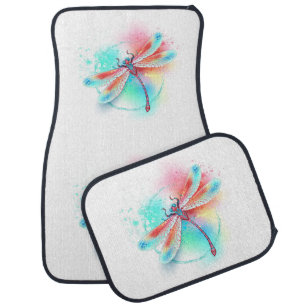 Red dragonfly on watercolor background car floor mat