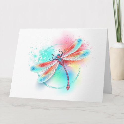 Red dragonfly on watercolor background card
