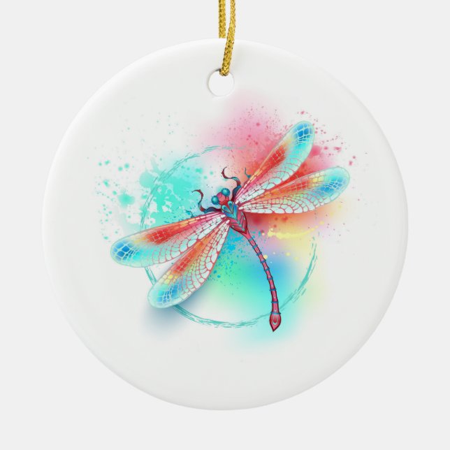 Red dragonfly on watercolor background ceramic ornament (Front)