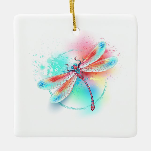 Red dragonfly on watercolor background ceramic ornament (Front)
