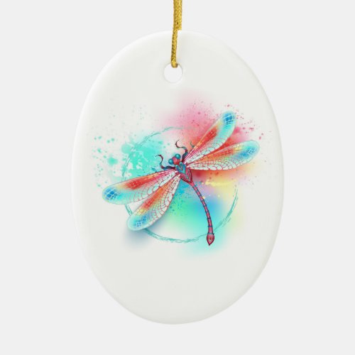 Red dragonfly on watercolor background ceramic ornament